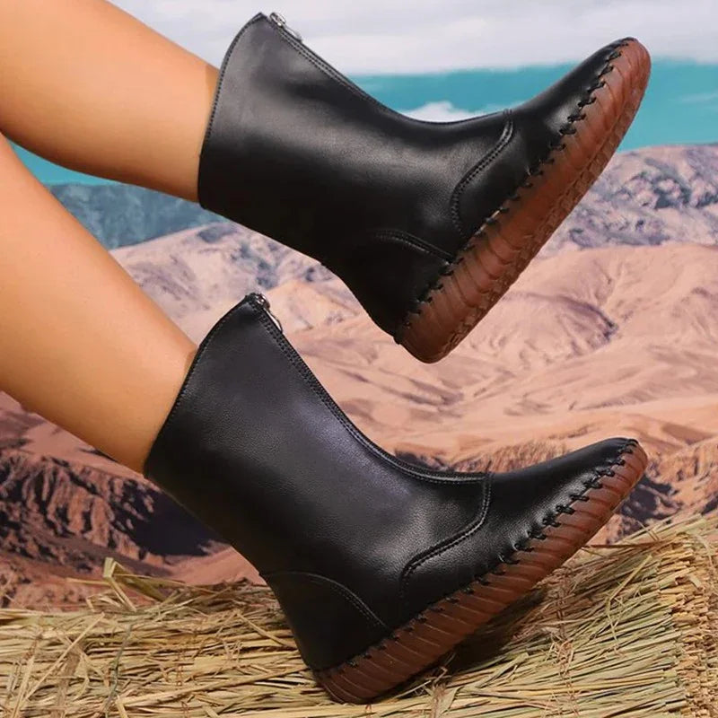 Front-Zipper Mid-Calf Boots with Handstitched Look