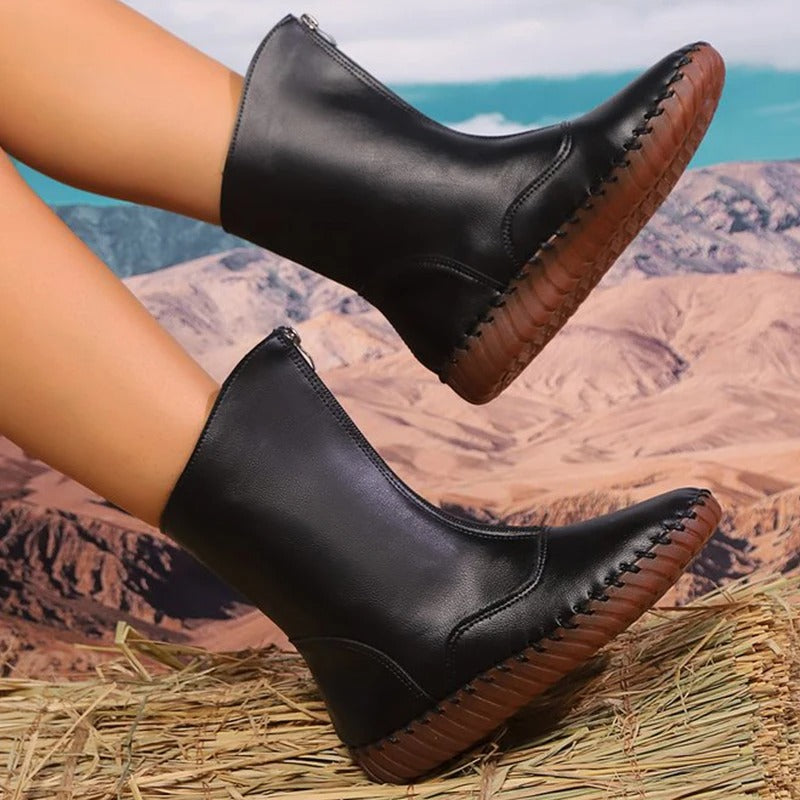 Front-Zipper Mid-Calf Boots with Handstitched Look