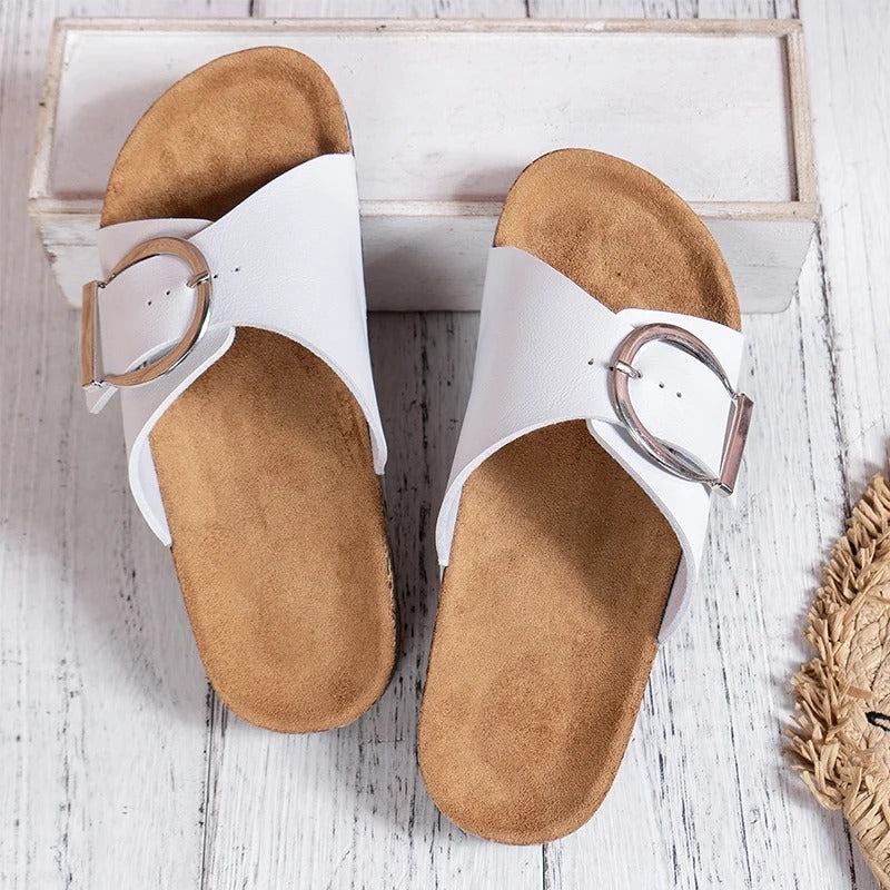 Women's Cork-Pattern Slip-On Slippers with Buckle Detail