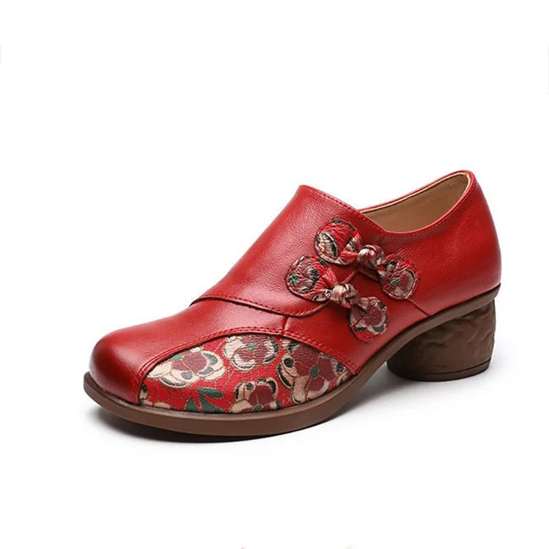 Women’s Leather Shoes with Thick Heel and Floral Patchwork