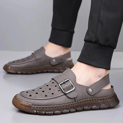 Men's Cowhide Leather Hollow Out Flat Sandals