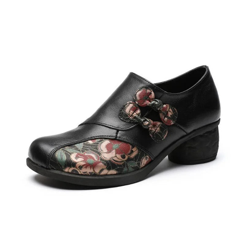 Women’s Leather Shoes with Thick Heel and Floral Patchwork