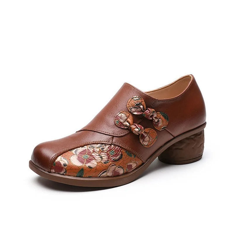 Women’s Leather Shoes with Thick Heel and Floral Patchwork